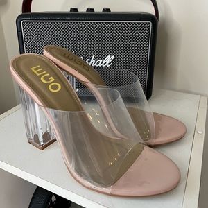 Clear block heel sandals in beige